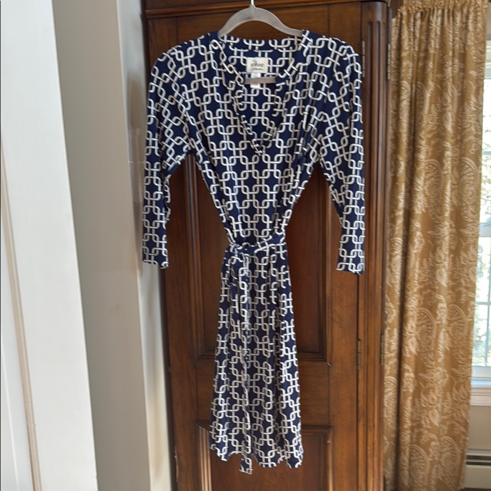 JM Collection Blue and White Midi Dress with Wrap Style and Long Cuffed Sleeves